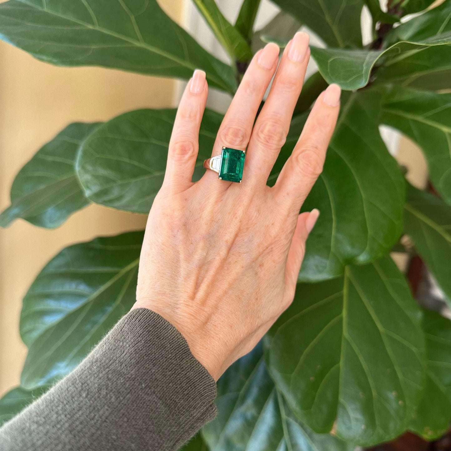 13.01 African Step Cut Vivid Green Emerald & Diamond Ring 18k Gold