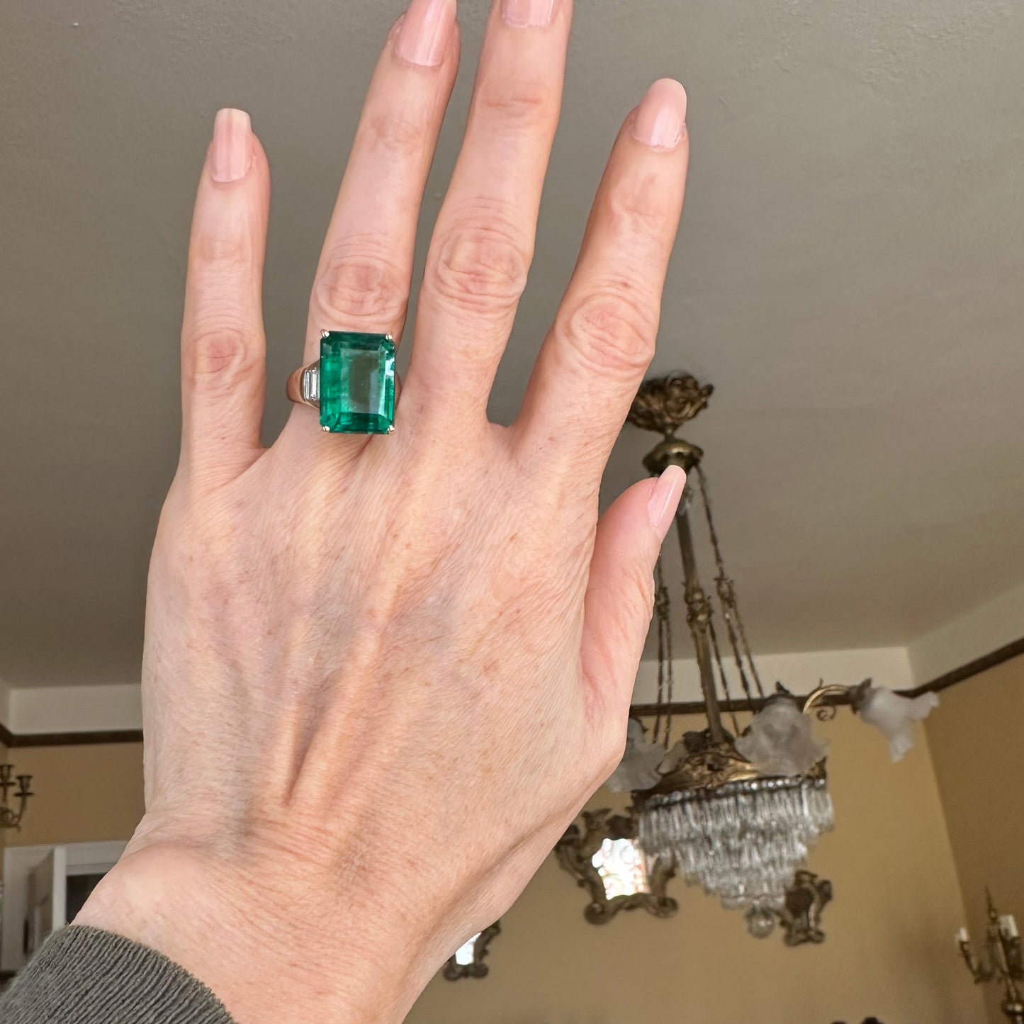 13.01 African Step Cut Vivid Green Emerald & Diamond Ring 18k Gold