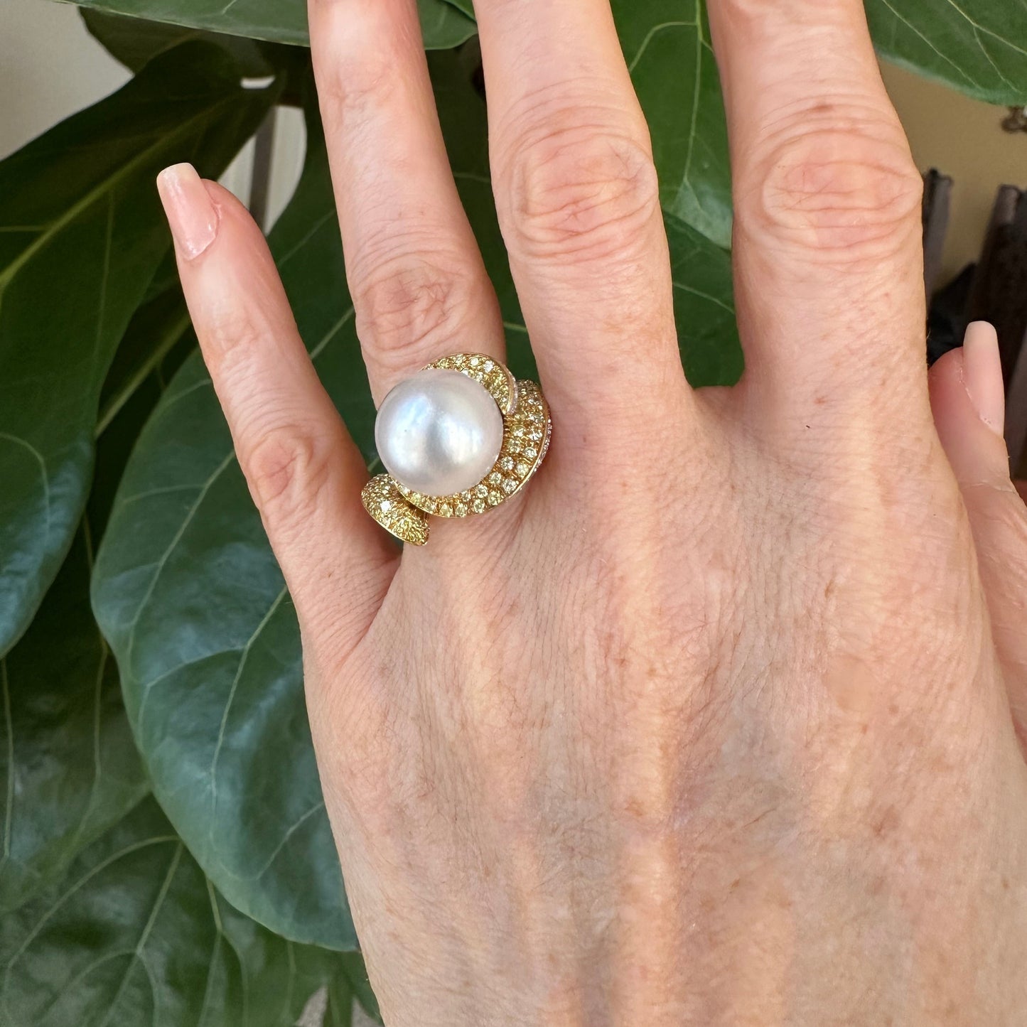 Natural Pearl 12.5 MM with Pave Natural Diamonds 18k Gold