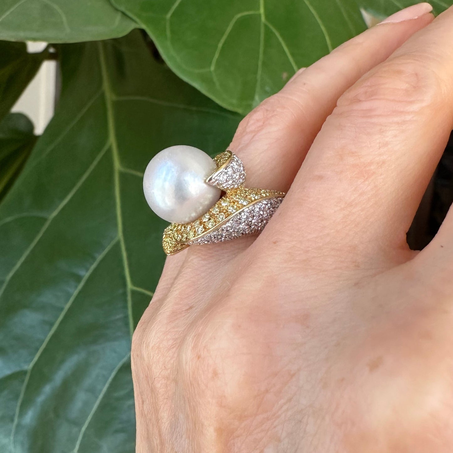 Natural Pearl 12.5 MM with Pave Natural Diamonds 18k Gold