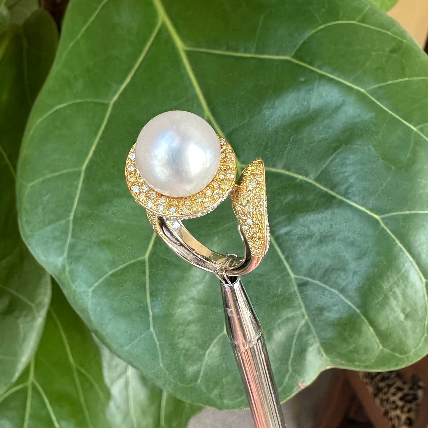 Natural Pearl 12.5 MM with Pave Natural Diamonds 18k Gold