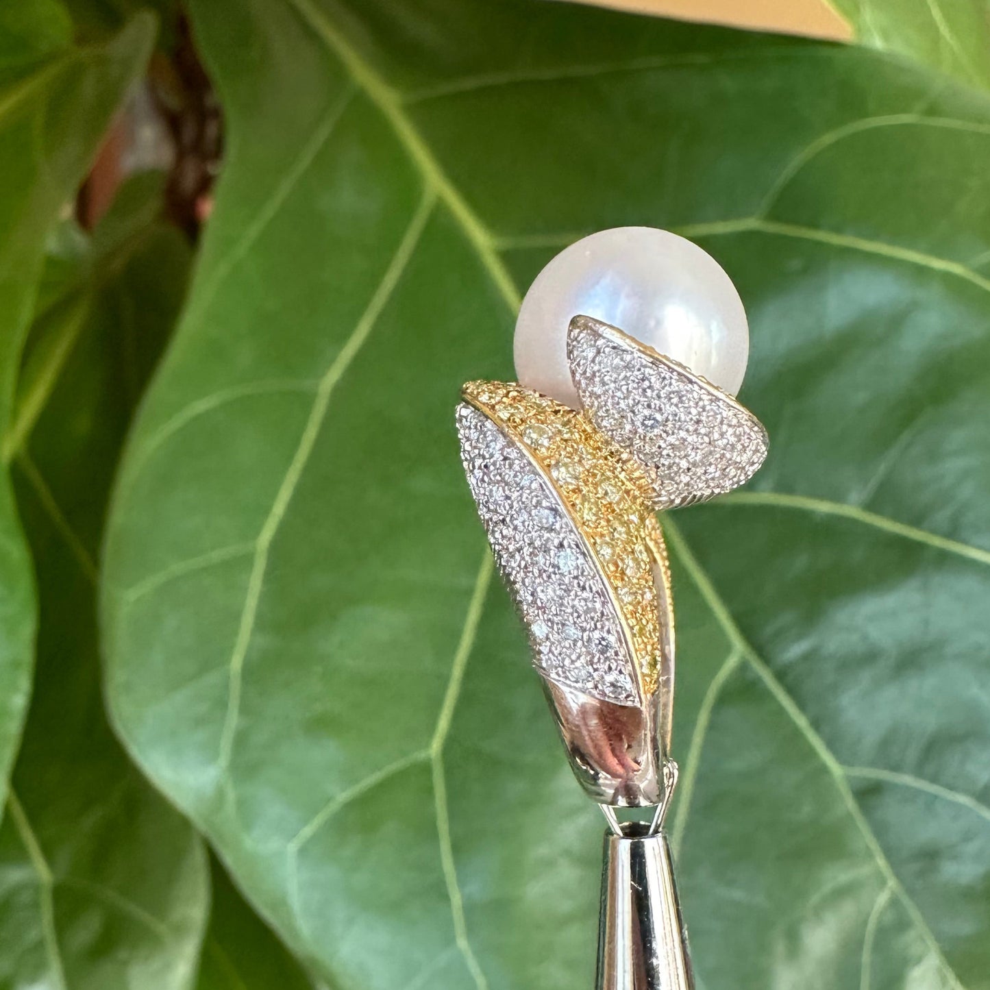 Natural Pearl 12.5 MM with Pave Natural Diamonds 18k Gold