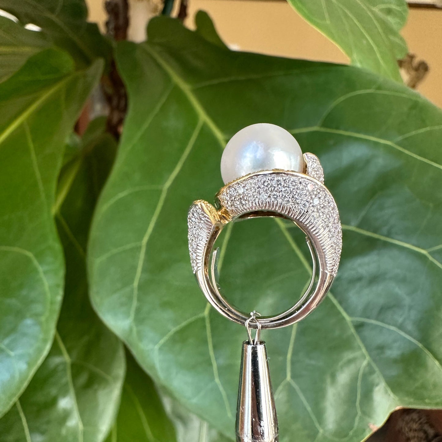 Natural Pearl 12.5 MM with Pave Natural Diamonds 18k Gold