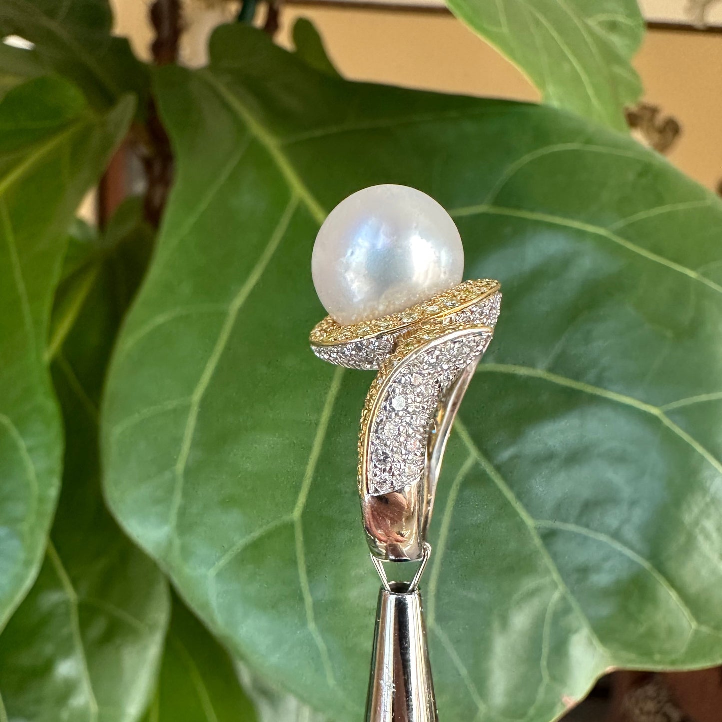 Natural Pearl 12.5 MM with Pave Natural Diamonds 18k Gold