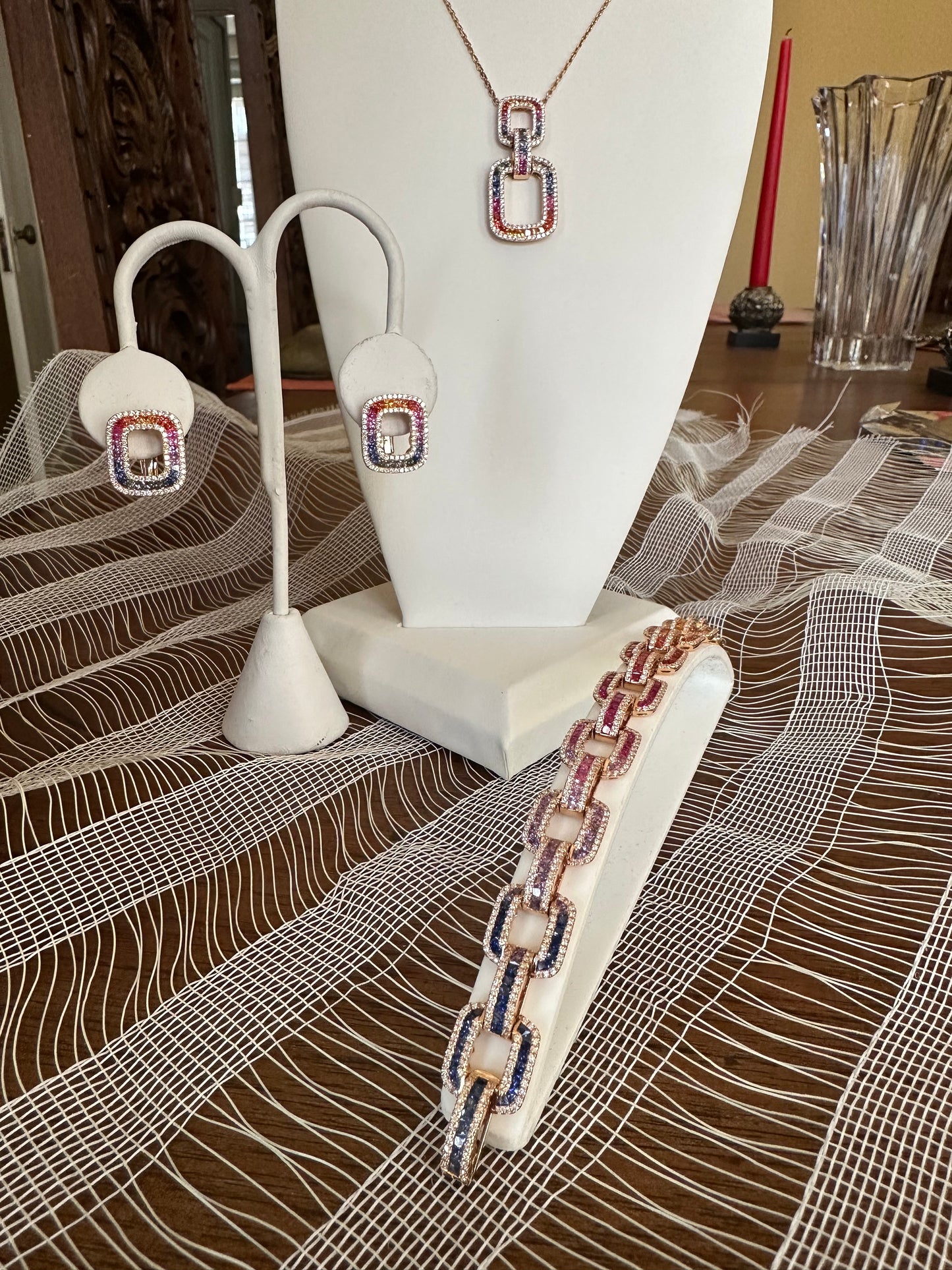 Natural Sapphires  & Diamond Link Bracelet 18k Rose Gold