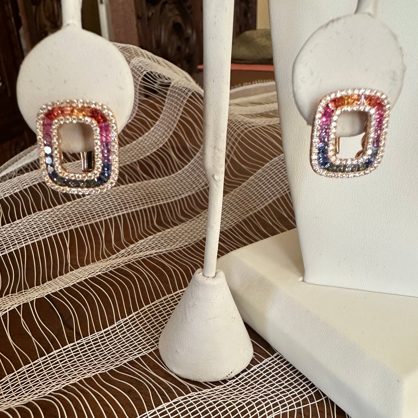 Natural Multi Color Sapphires & Diamond Rainbow Earrings 18k Rose Gold