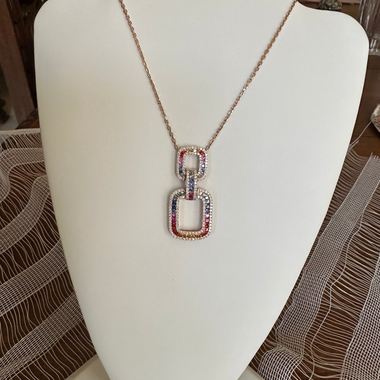 Natural Sapphires & Diamond Interlocking Rectangular Pendant Necklace 18k