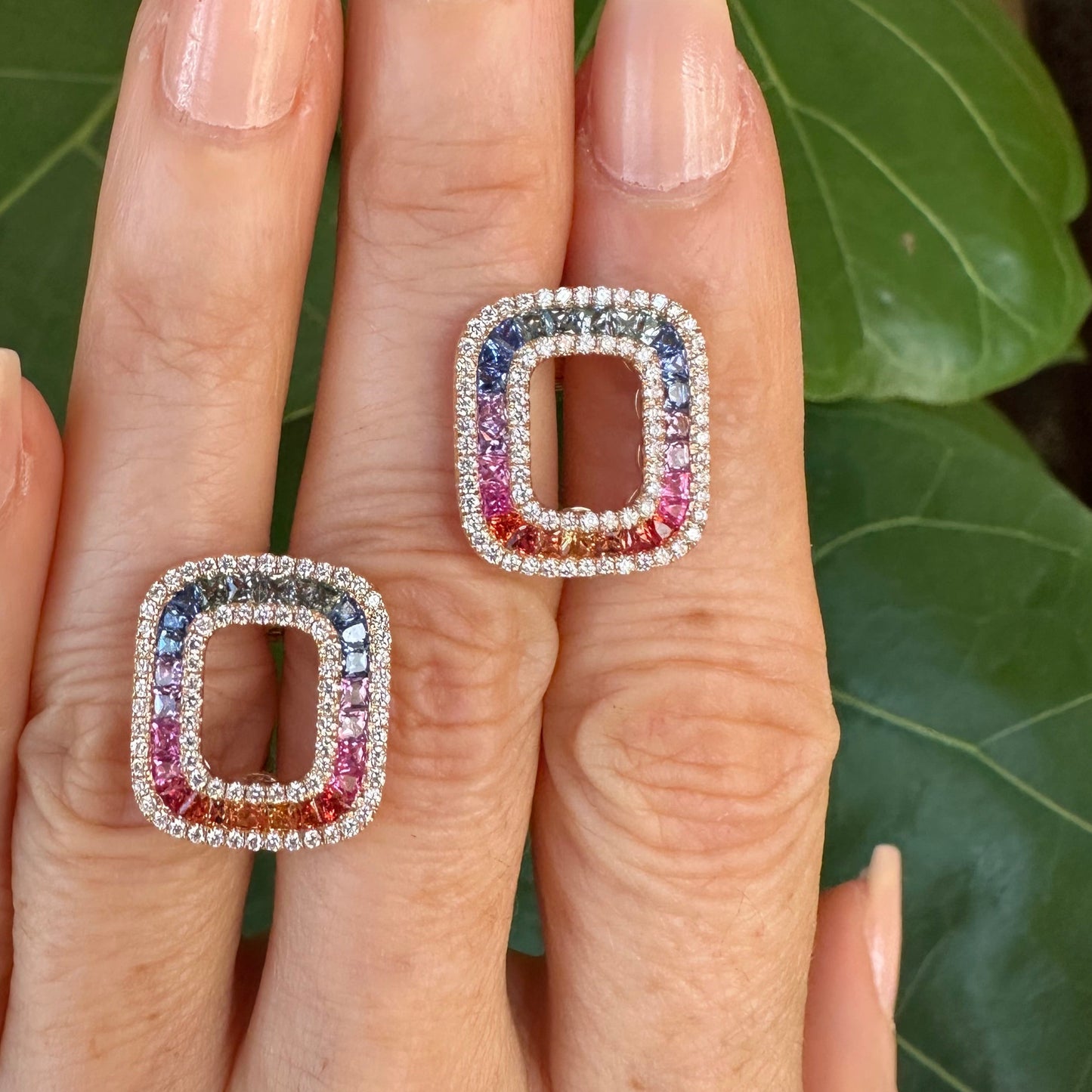 Natural Multi Color Sapphires & Diamond Rainbow Earrings 18k Rose Gold