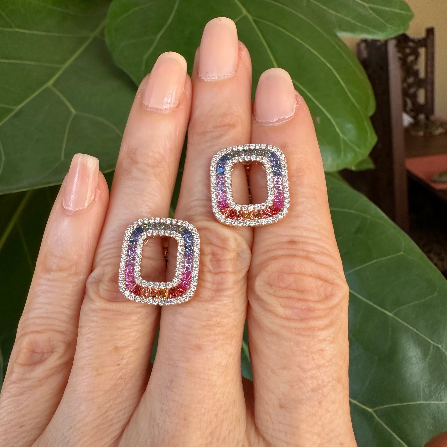 Natural Multi Color Sapphires & Diamond Rainbow Earrings 18k Rose Gold