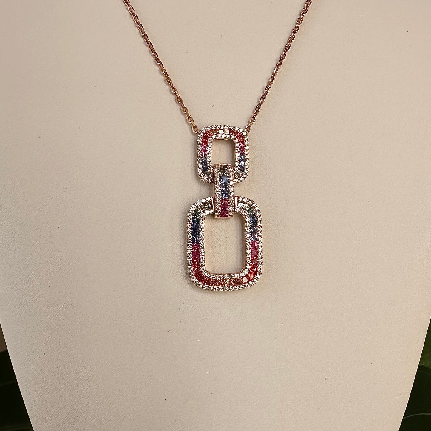 Natural Sapphires & Diamond Interlocking Rectangular Pendant Necklace 18k