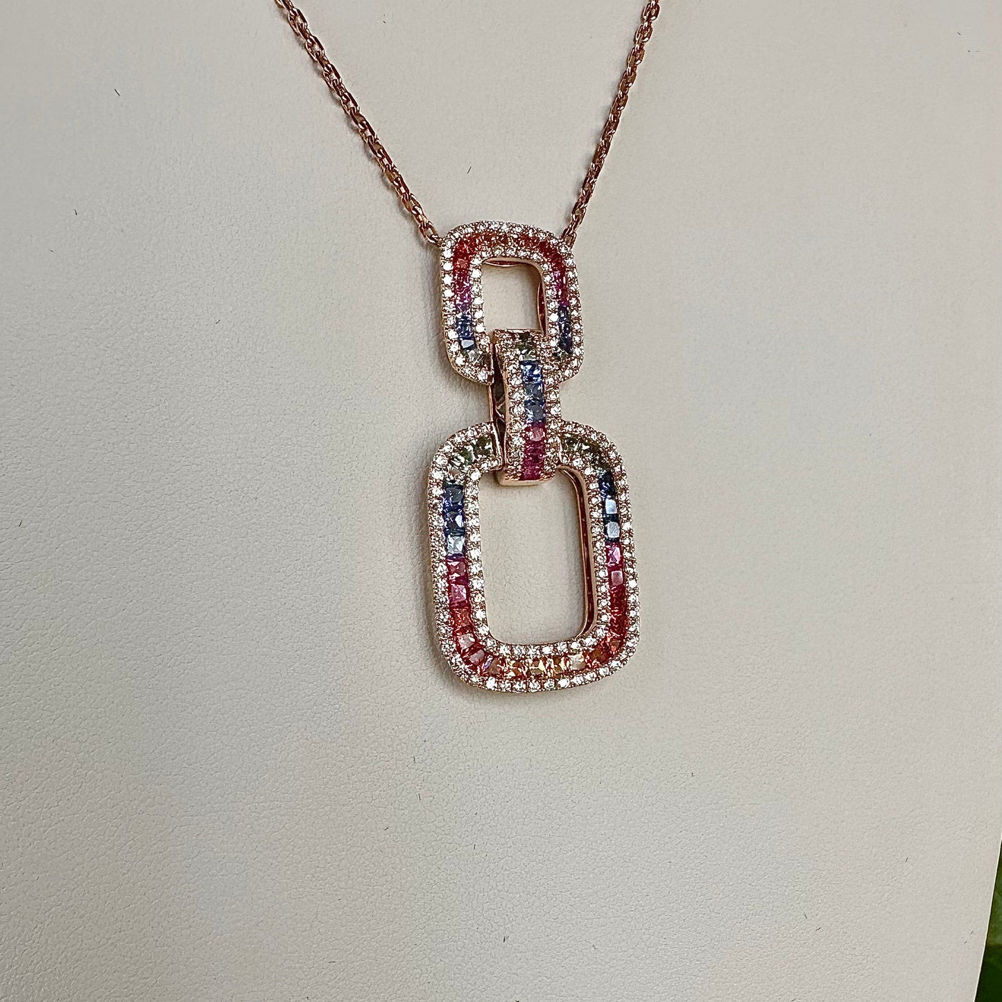 Natural Sapphires & Diamond Interlocking Rectangular Pendant Necklace 18k