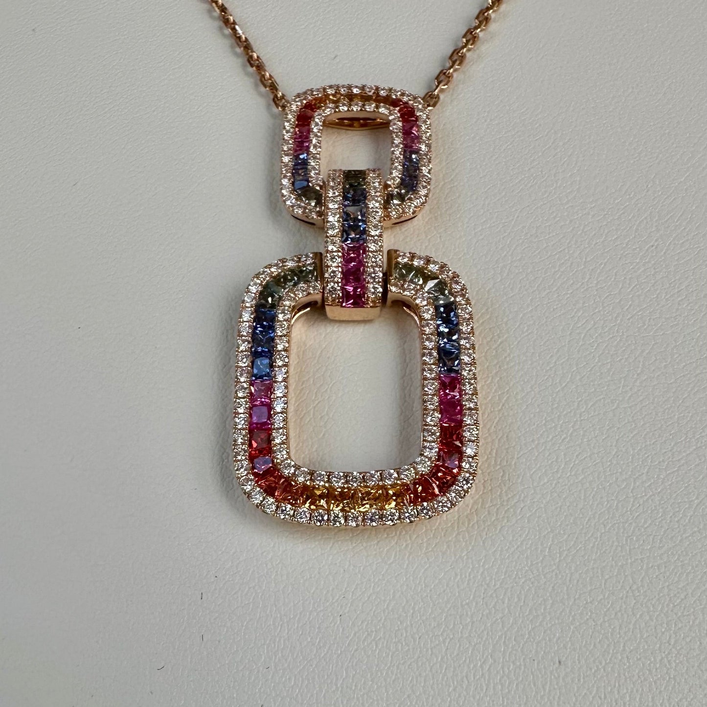 Natural Sapphires & Diamond Interlocking Rectangular Pendant Necklace 18k