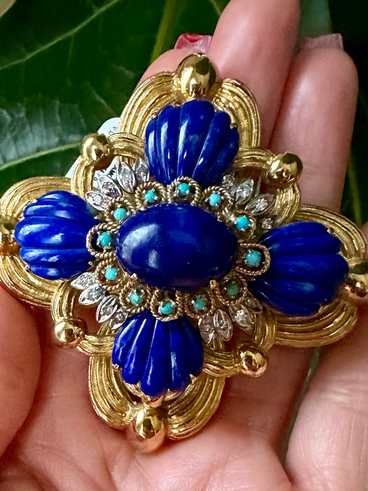 Vintage Carved Lapis Lazuli, Diamond & Turquoise Brooch/Pendent 18k