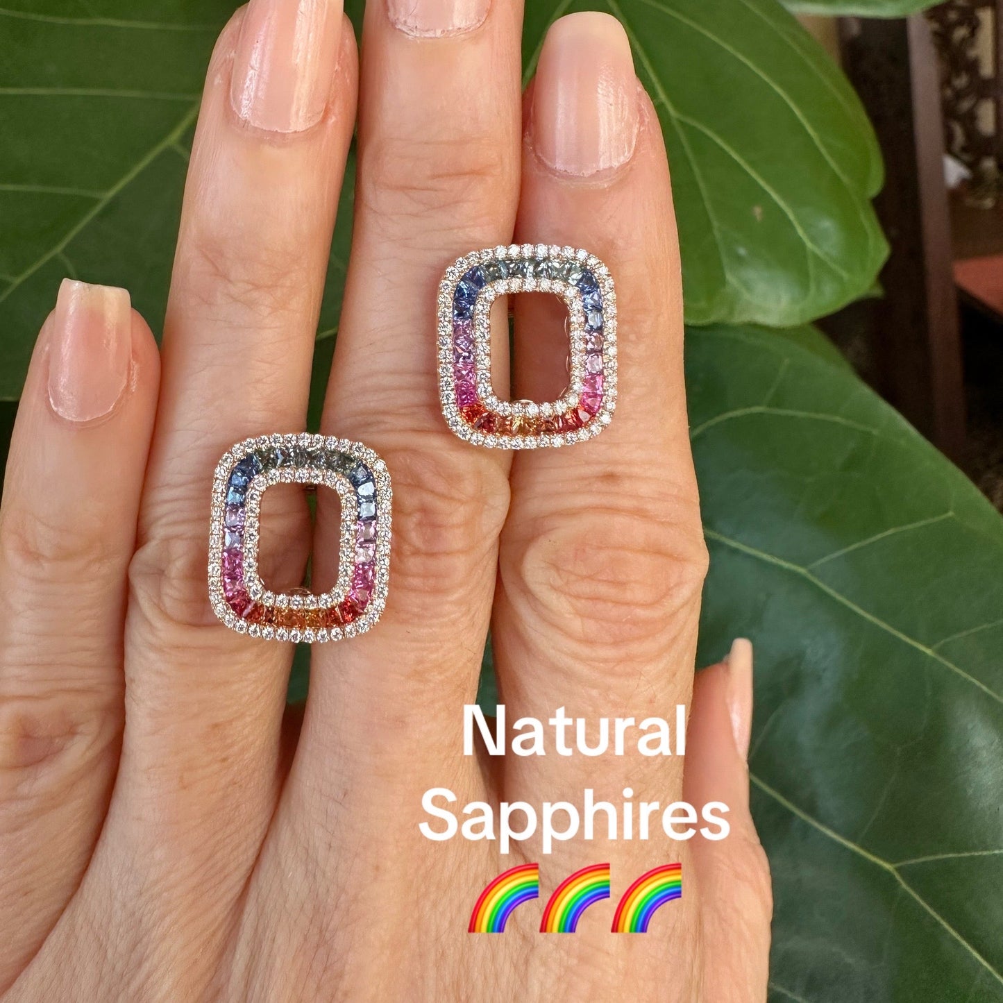 Natural Multi Color Sapphires & Diamond Rainbow Earrings 18k Rose Gold
