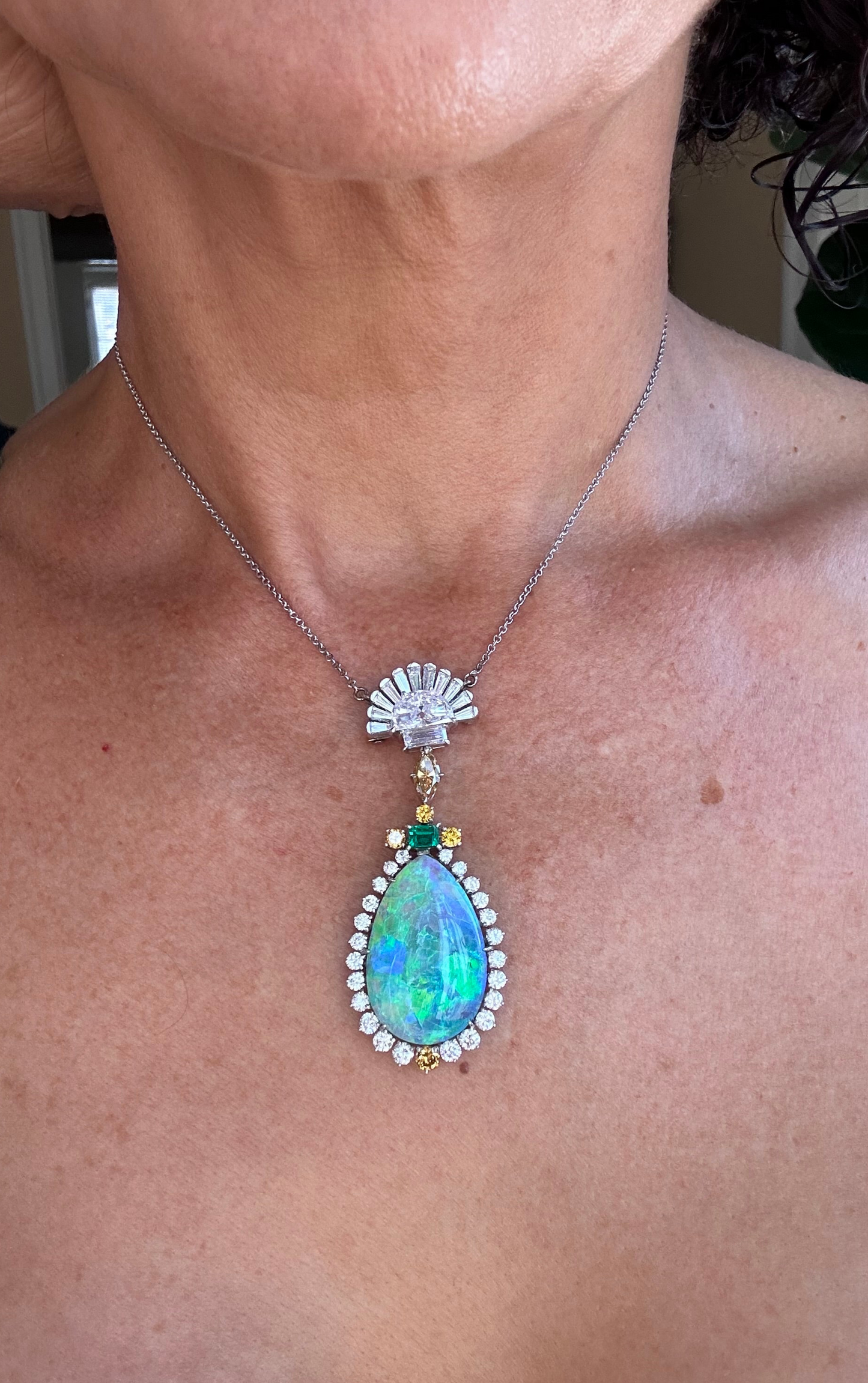 Black Opal, Diamond & Emerald Pendent/Necklace White Gold