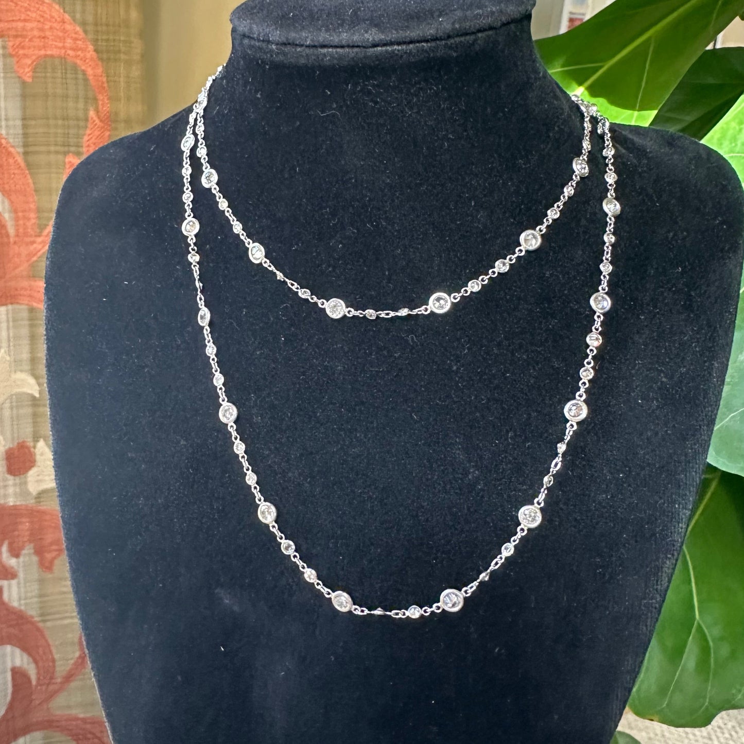 Vintage Estate Bezel Set Diamonds By The Yard Necklace 9 Carats Platinum 28"