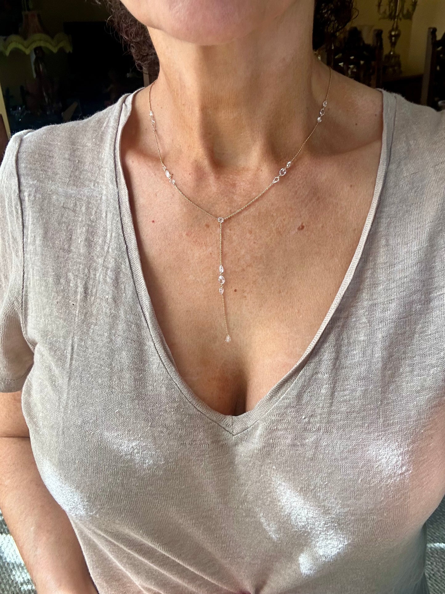 Lariat Rose Cut Diamond Necklace Y Design 18k Yellow Gold