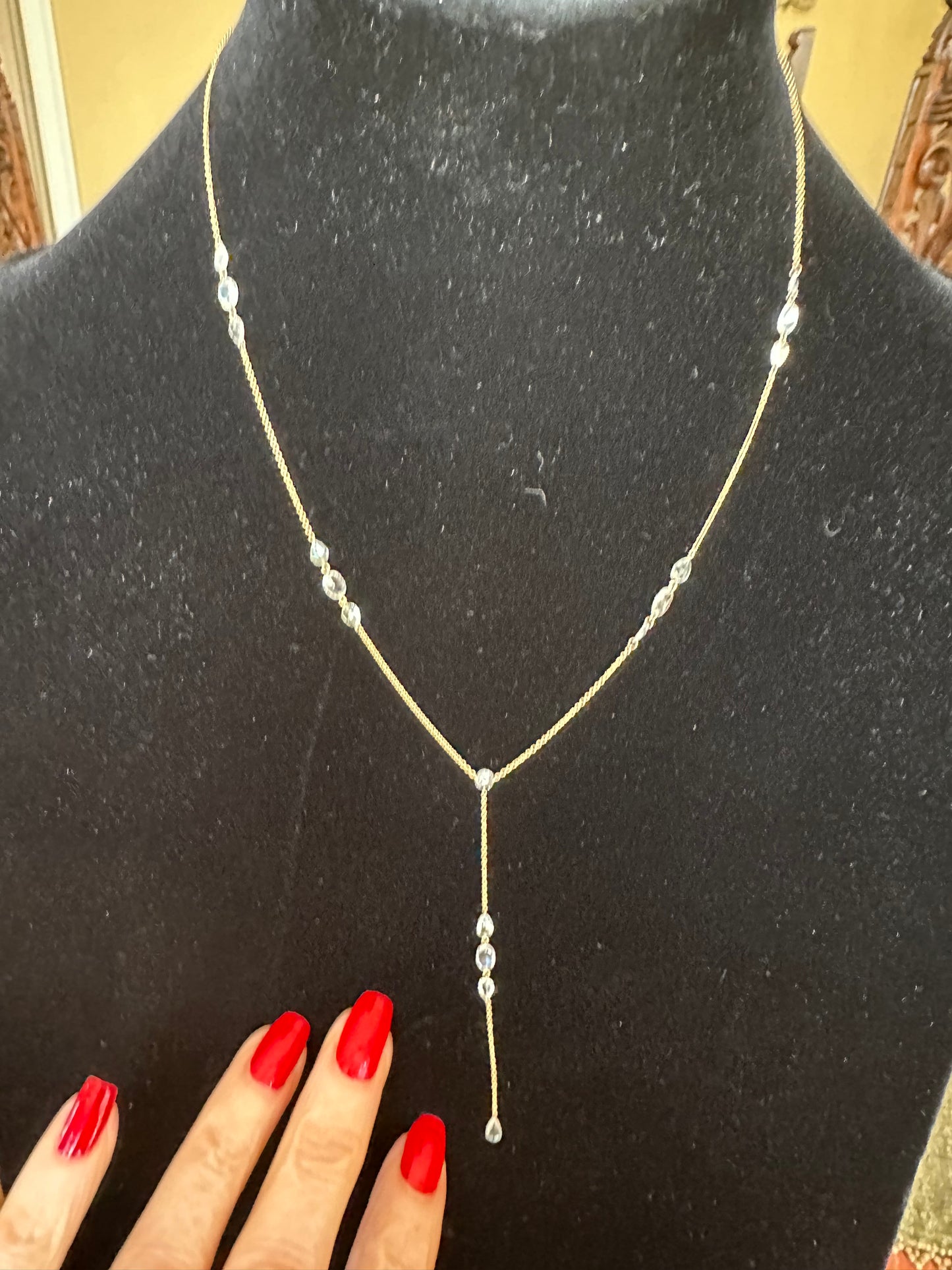 Lariat Rose Cut Diamond Necklace Y Design 18k Yellow Gold
