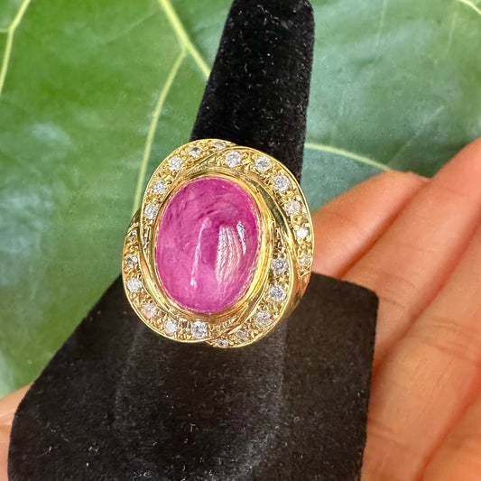 GIA Cabochon Ruby No Heat Diamond Ring 18k Yellow Gold