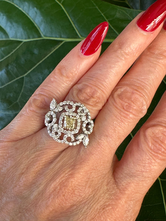 Fancy Light Yellow Radiant & White Diamonds Ring