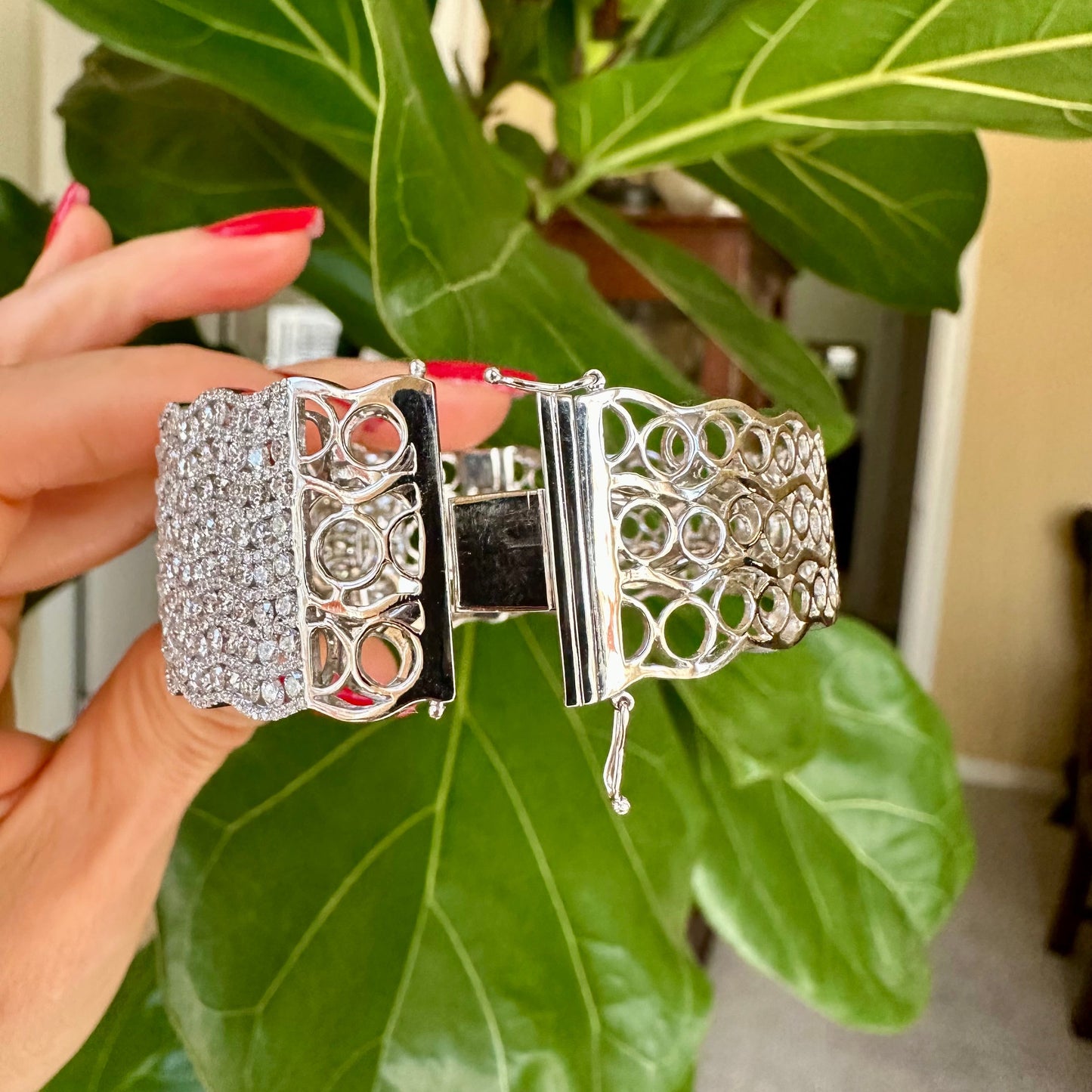 Wavy Multi Row Natural Diamond Cuff Bracelet 18k White Gold