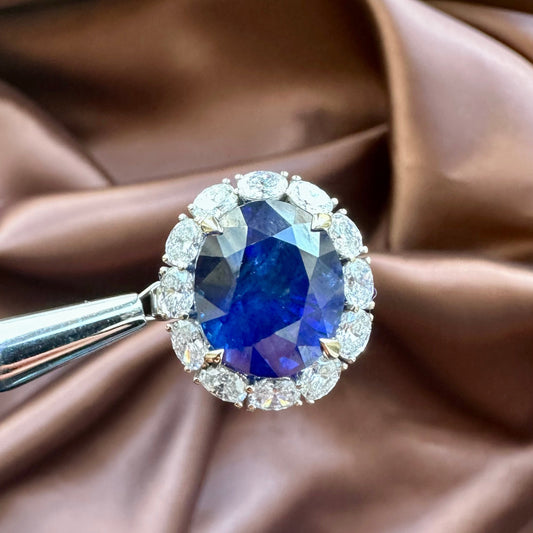 AGL Certified Blue Sapphire & Oval Diamond Halo Ring in 18k White Gold — 12.89 Carats