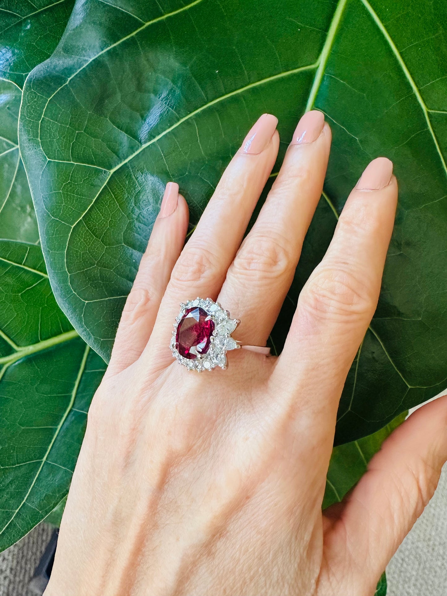 Impressive Oval Cut  Rubellite & Diamond Ring 18k White Gold