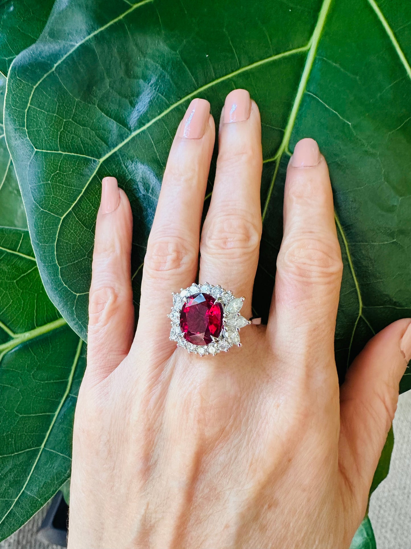 Impressive Oval Cut  Rubellite & Diamond Ring 18k White Gold