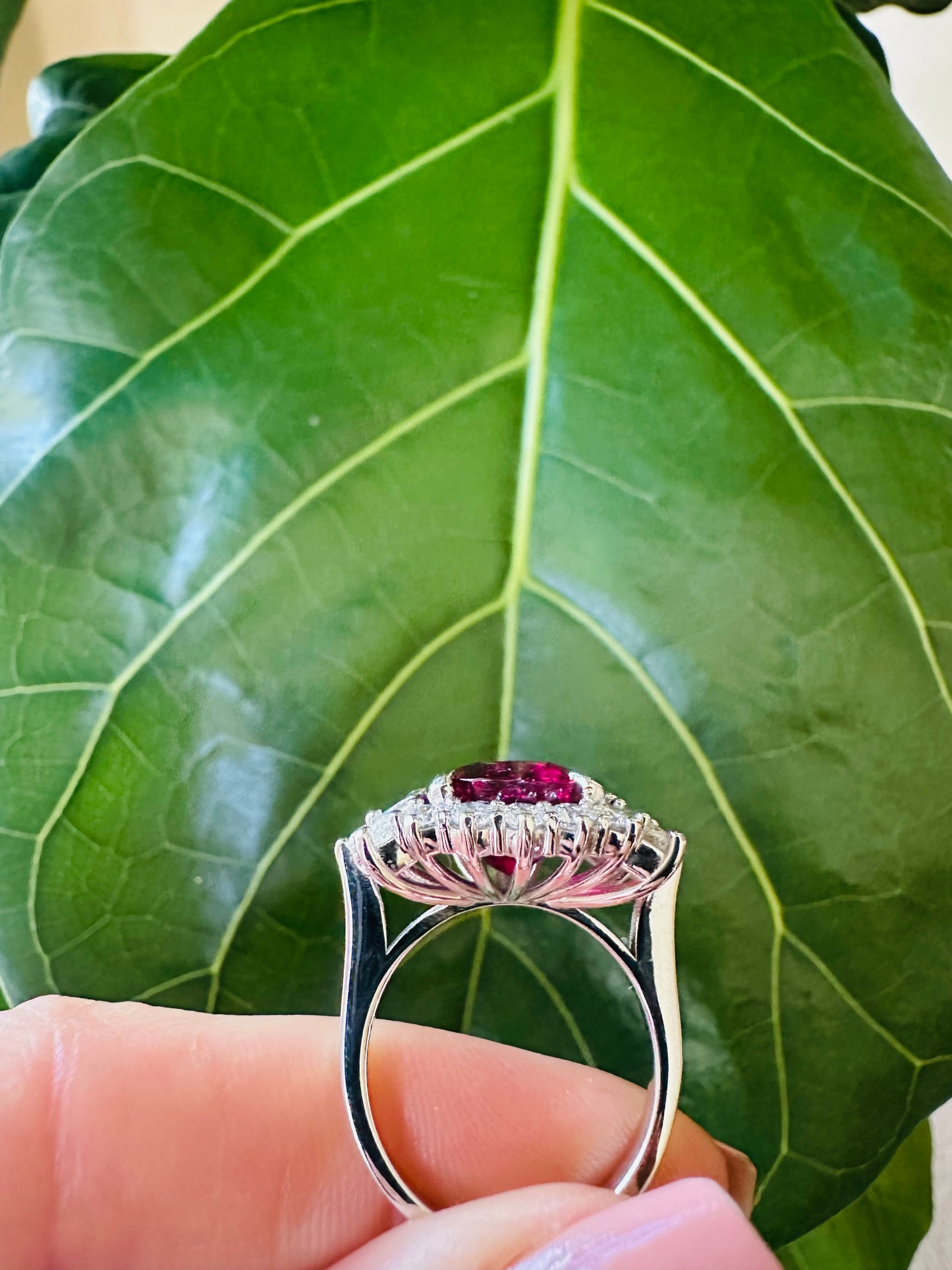 Impressive Oval Cut  Rubellite & Diamond Ring 18k White Gold