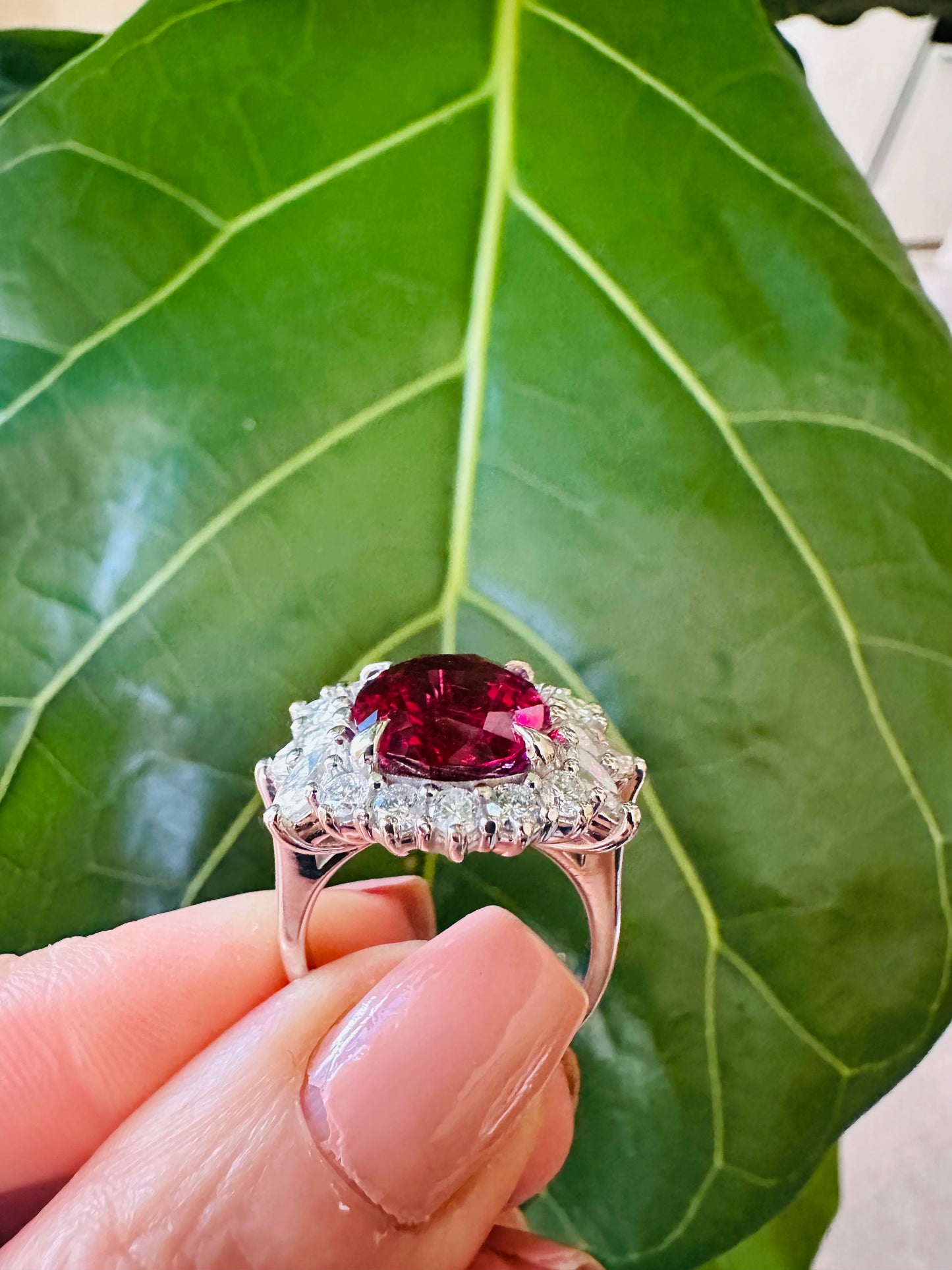 Impressive Oval Cut  Rubellite & Diamond Ring 18k White Gold