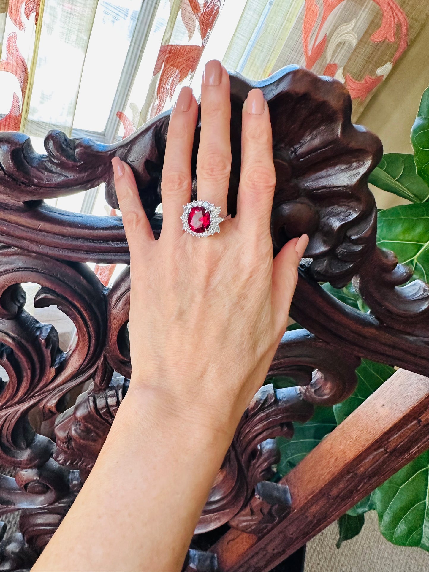 Impressive Oval Cut  Rubellite & Diamond Ring 18k White Gold