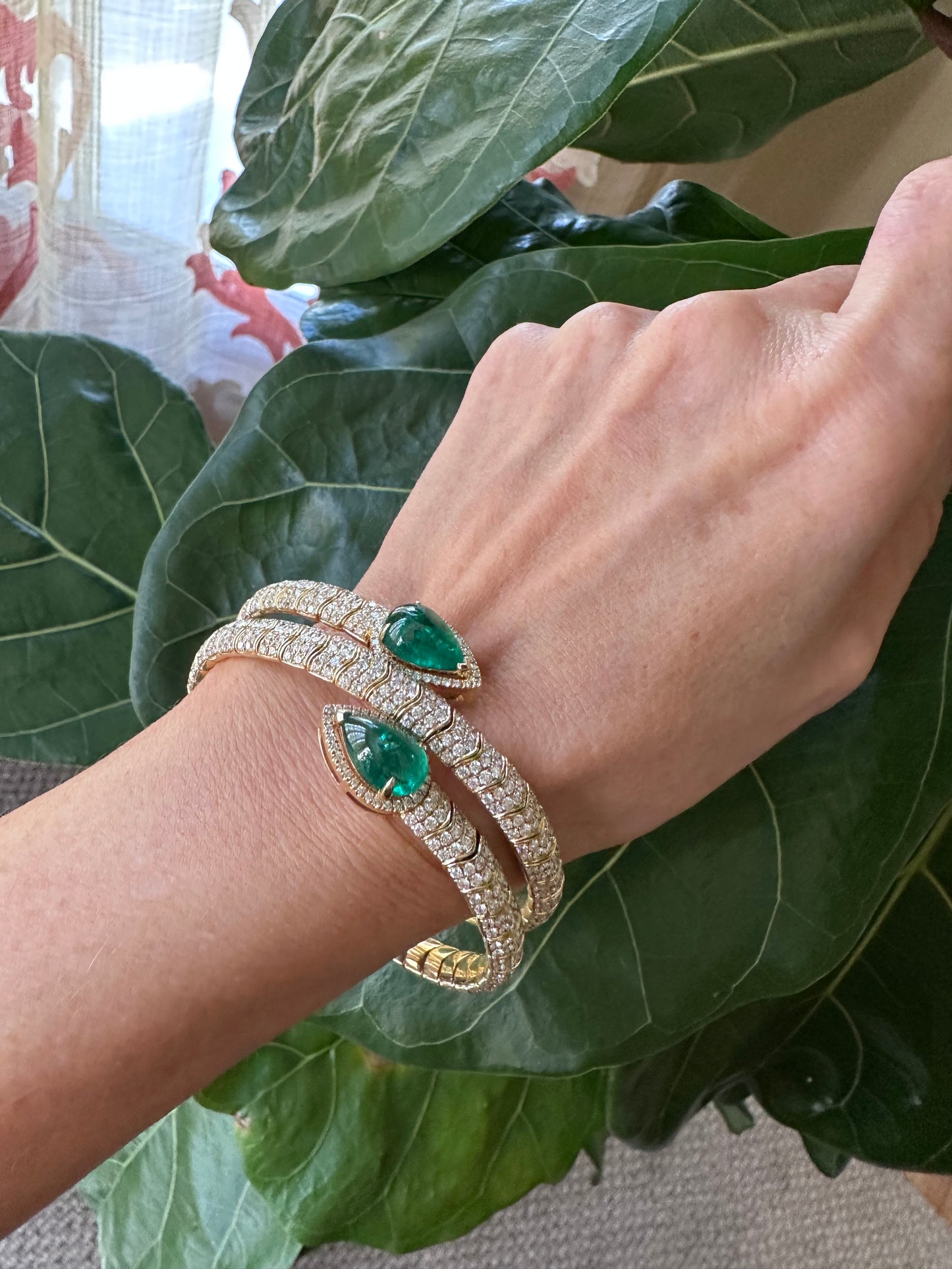 Pear Shape Cab Emeralds with Diamonds Coil Bracelet 18k