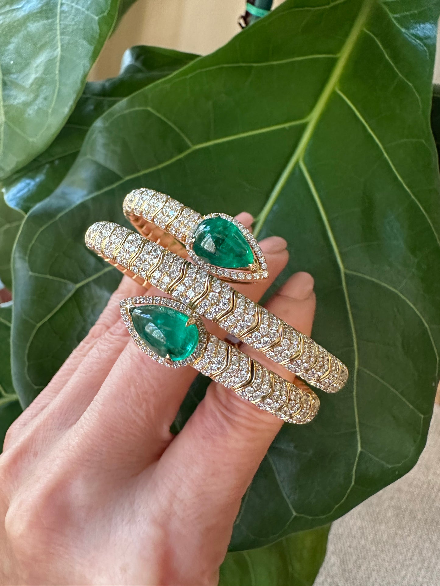 Pear Shape Cab Emeralds with Diamonds Coil Bracelet 18k