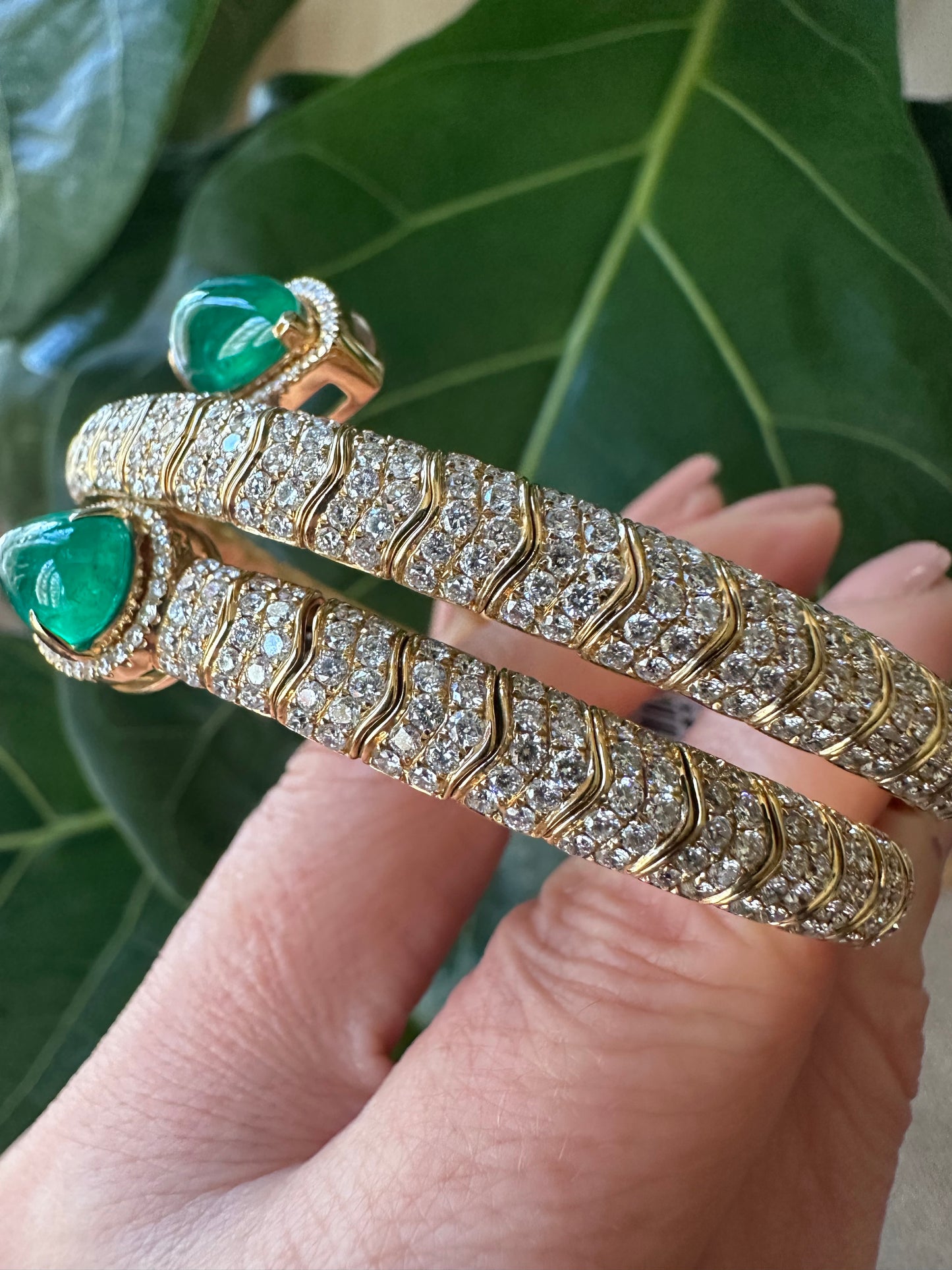 Pear Shape Cab Emeralds with Diamonds Coil Bracelet 18k