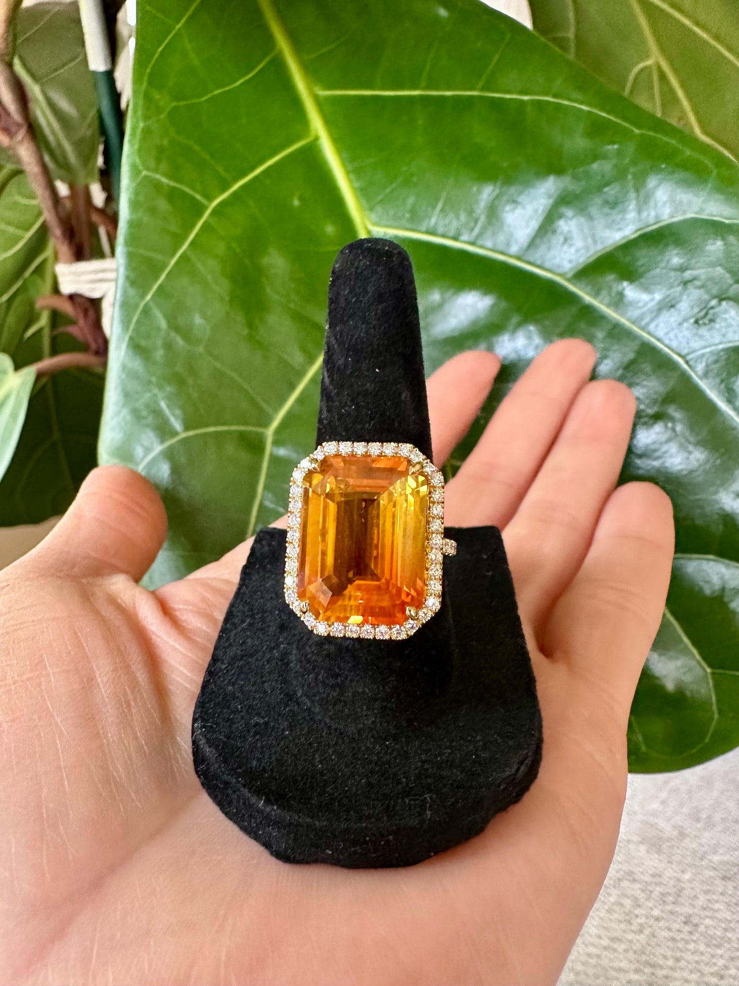 Estate Yellow Orange Sapphire Octagonal with Diamond Halo Ring 18k