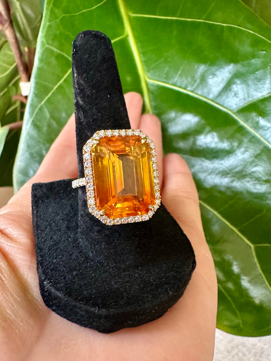 Estate Yellow Orange Sapphire Octagonal with Diamond Halo Ring 18k