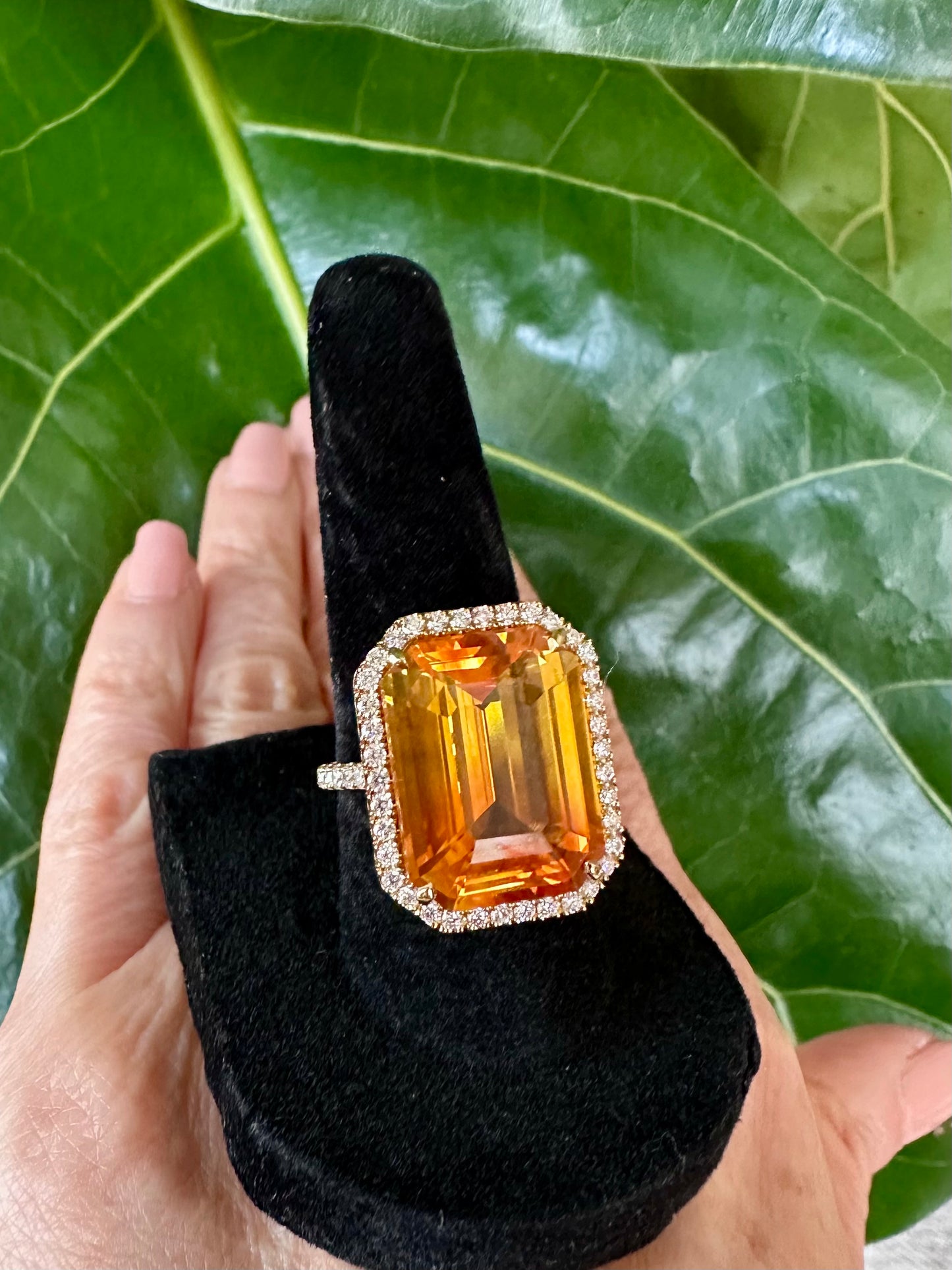 Estate Yellow Orange Sapphire Octagonal with Diamond Halo Ring 18k