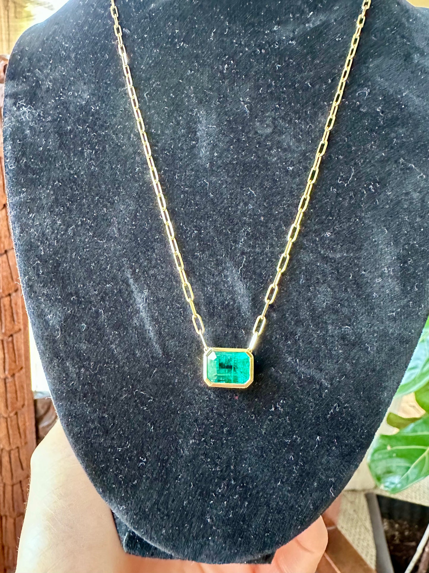 Vivid Green Emerald Pendant Necklace with PaperClip Chain 14k