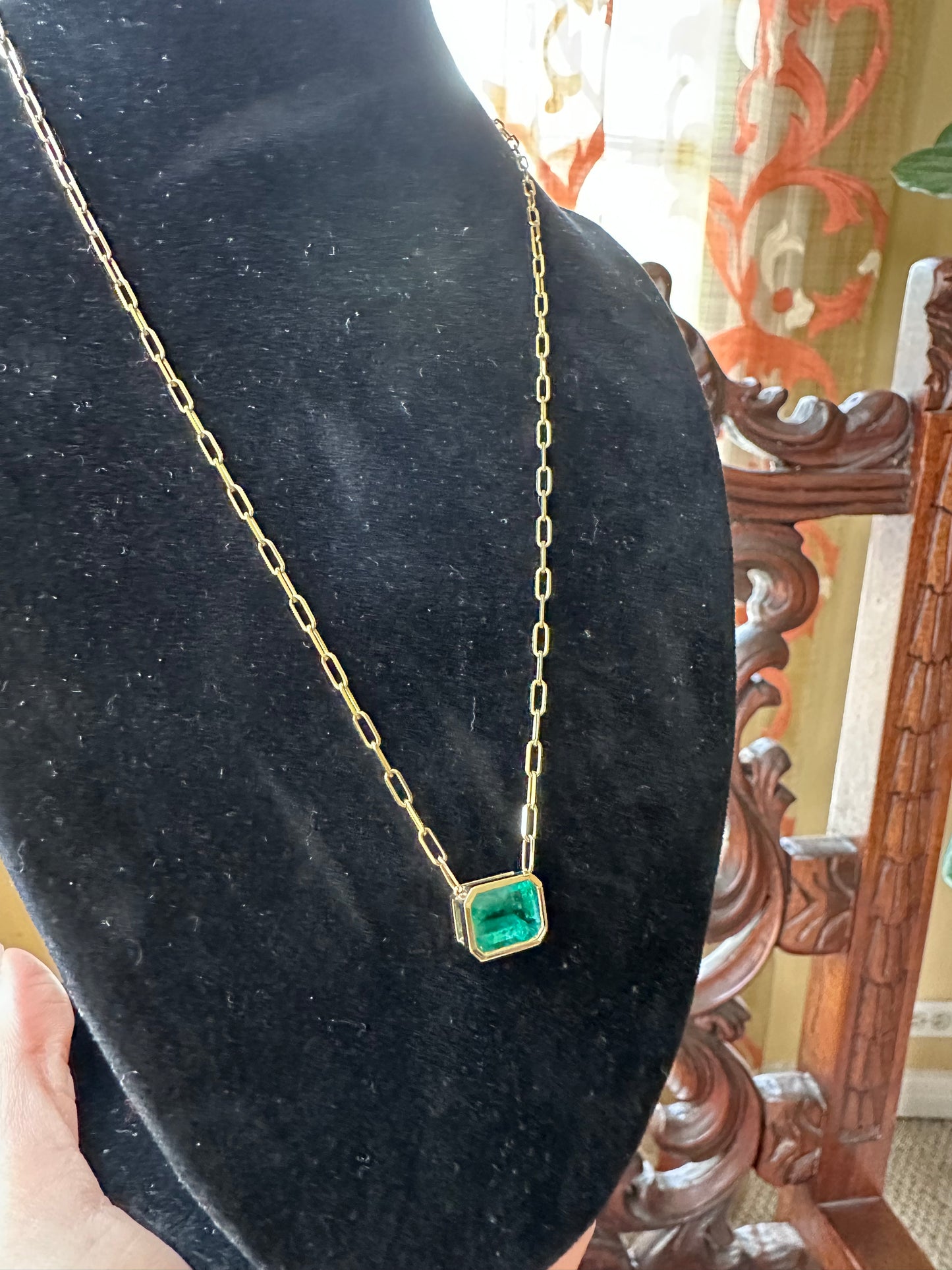 Vivid Green Emerald Pendant Necklace with PaperClip Chain 14k