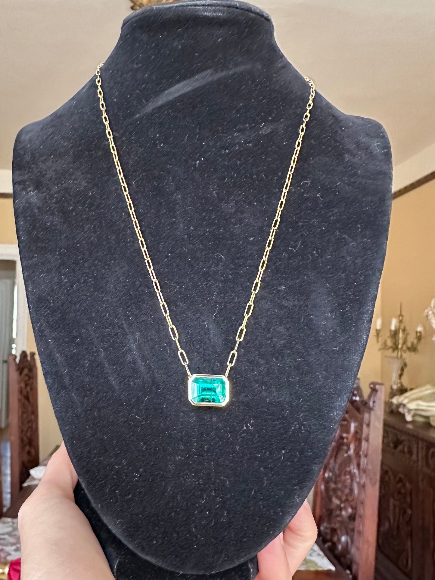 Vivid Green Emerald Pendant Necklace with PaperClip Chain 14k