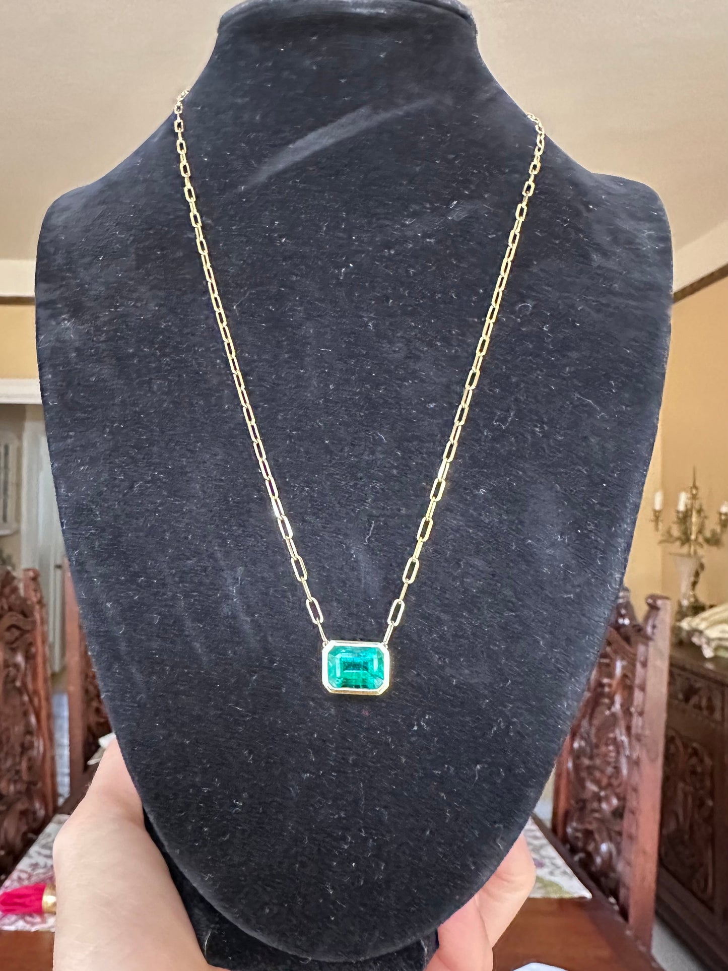 Vivid Green Emerald Pendant Necklace with PaperClip Chain 14k