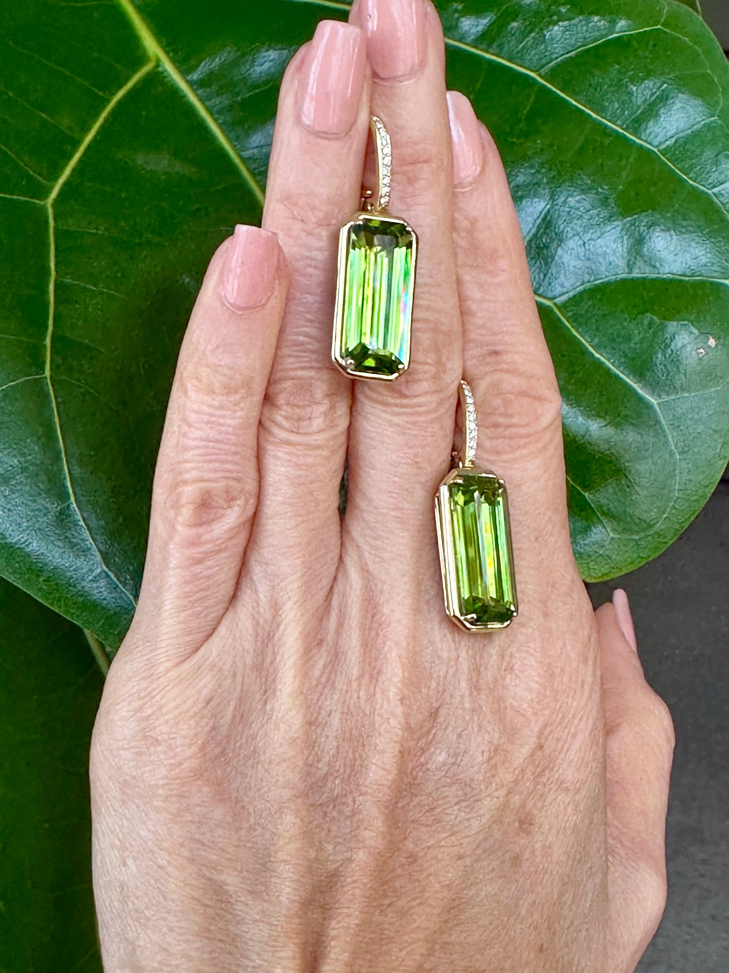 Estate Emerald Cut Peridot and Diamond Earrings 18k