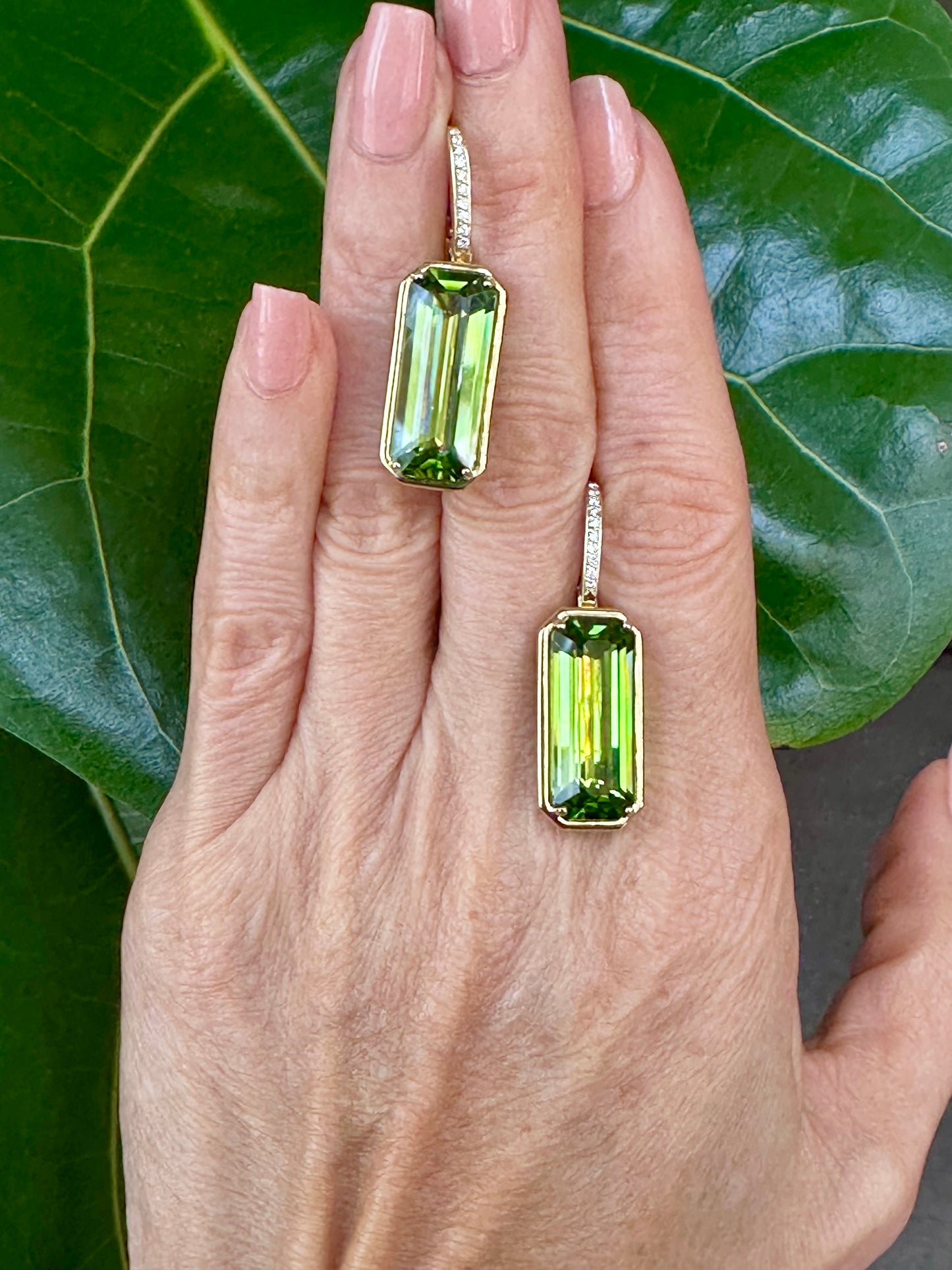 Estate Emerald Cut Peridot and Diamond Earrings 18k