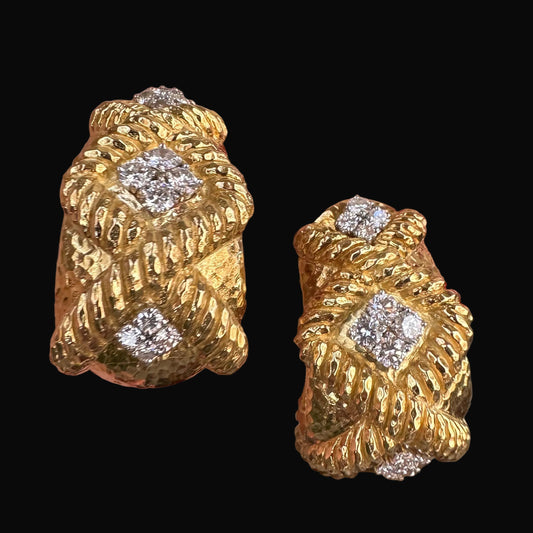 Textured Finished with Natural Diamonds Earrings David Webb 18k 