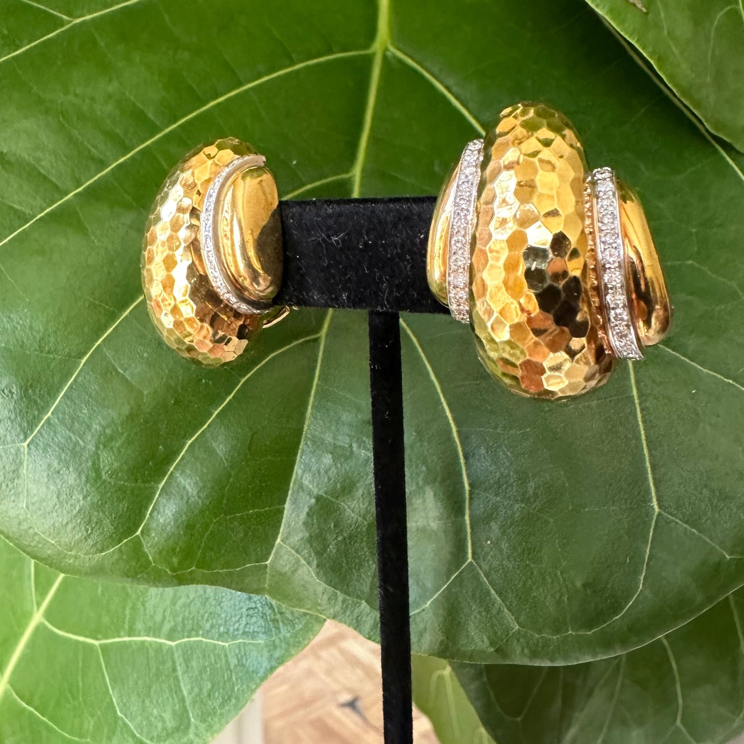 Andrew Clunn Hammered 18k Yellow Gold & Diamond Bombé Earrings | 43.3g | Clip-On | Signed