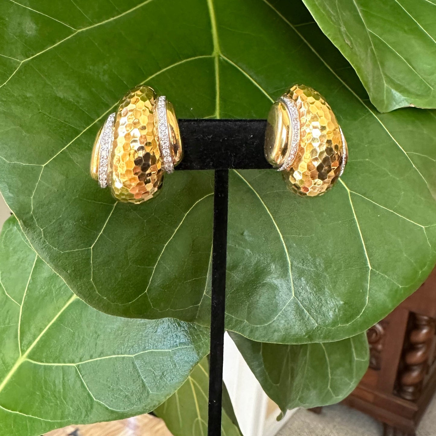 Andrew Clunn Hammered 18k Yellow Gold & Diamond Bombé Earrings | 43.3g | Clip-On | Signed