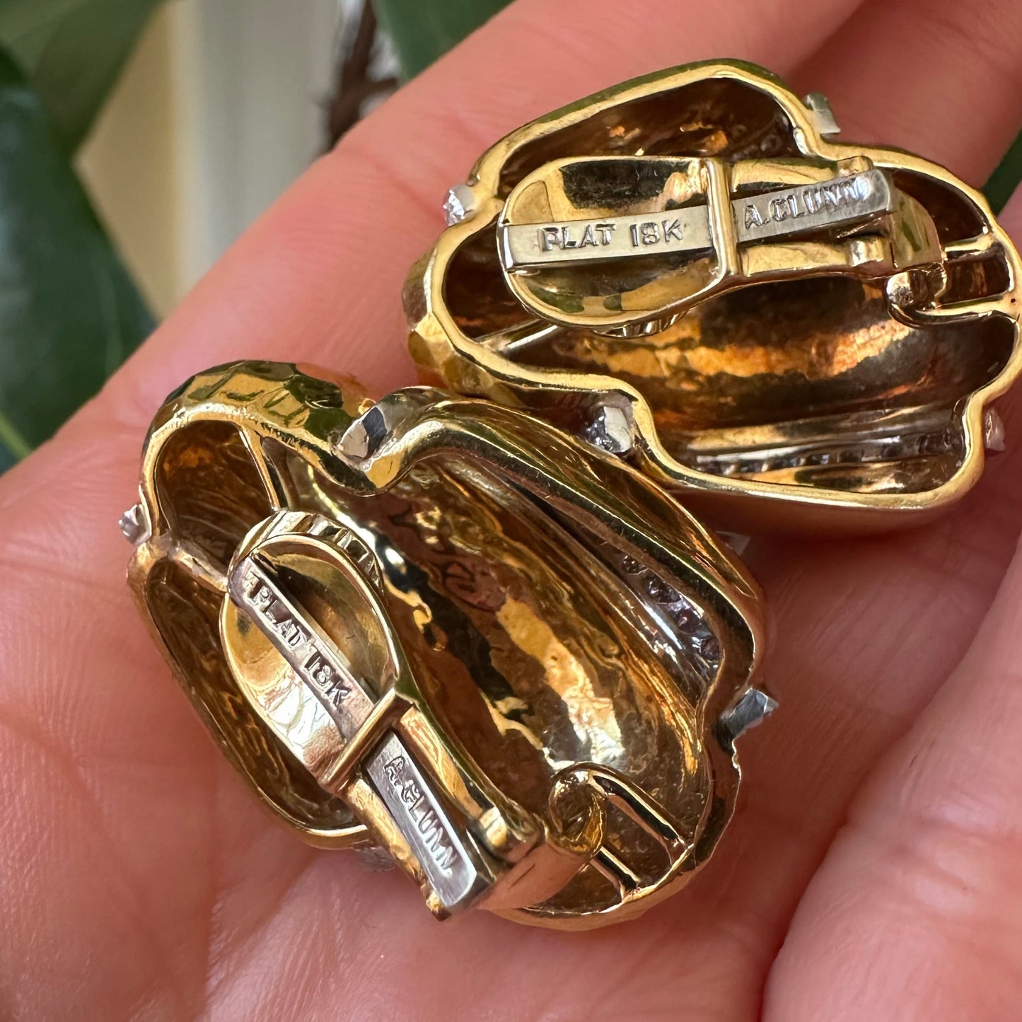 Andrew Clunn Hammered 18k Yellow Gold & Diamond Bombé Earrings | 43.3g | Clip-On | Signed