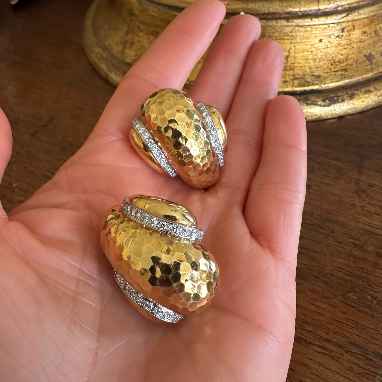 Andrew Clunn Hammered 18k Yellow Gold & Diamond Bombé Earrings | 43.3g | Clip-On | Signed