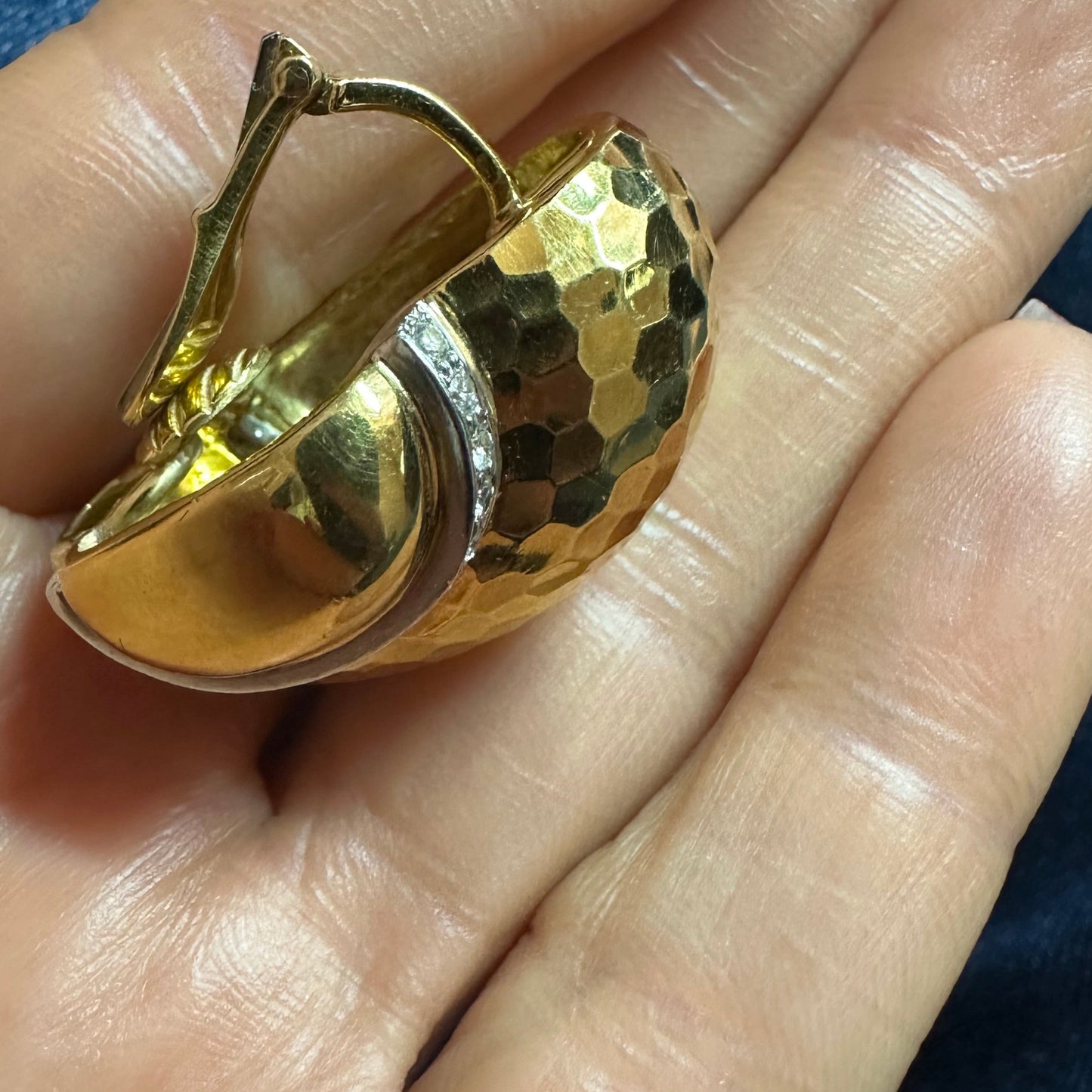 Andrew Clunn Hammered 18k Yellow Gold & Diamond Bombé Earrings | 43.3g | Clip-On | Signed