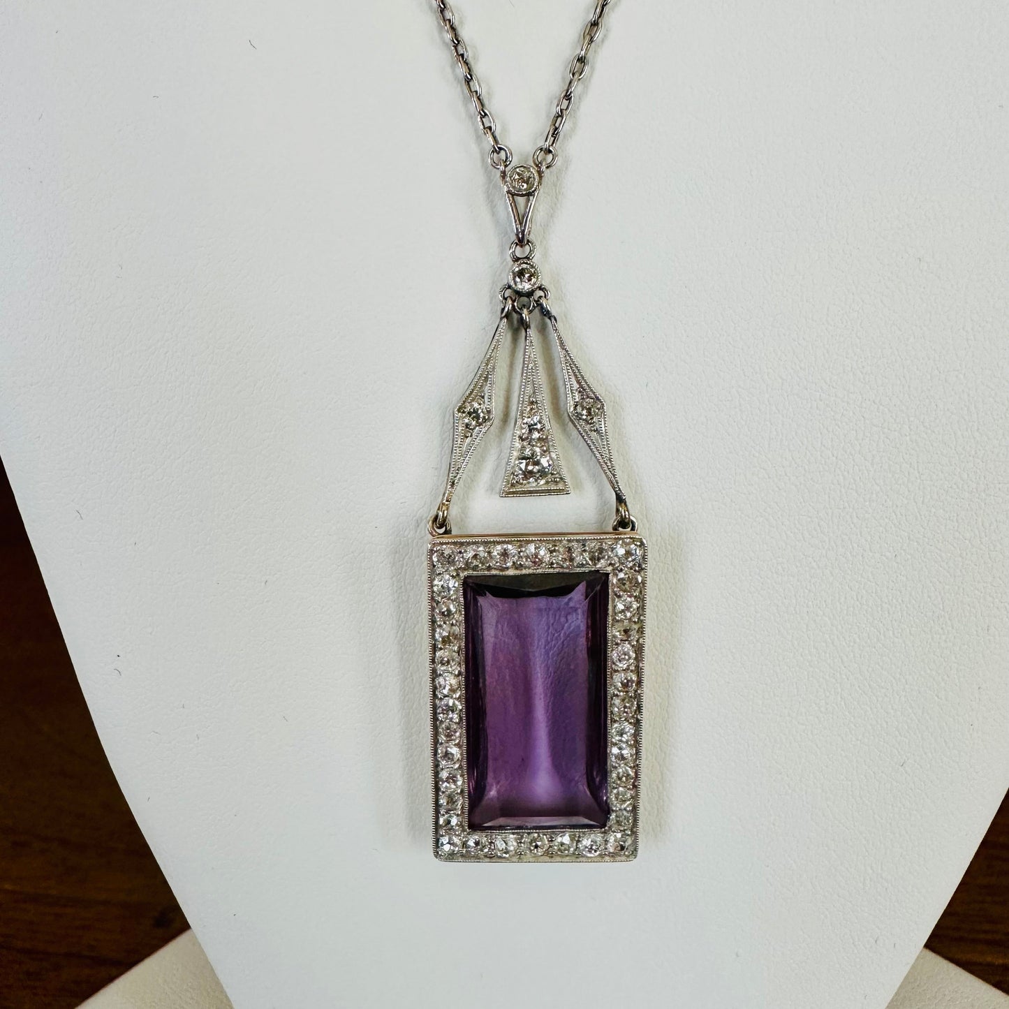 Antique Art Deco Amethyst & Diamond 14k White Gold & Yellow Pendant Necklace